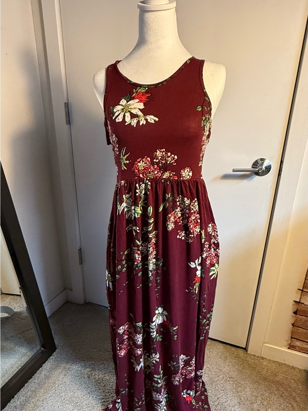 Sleeveless Burgundy Floral Maxi Dress